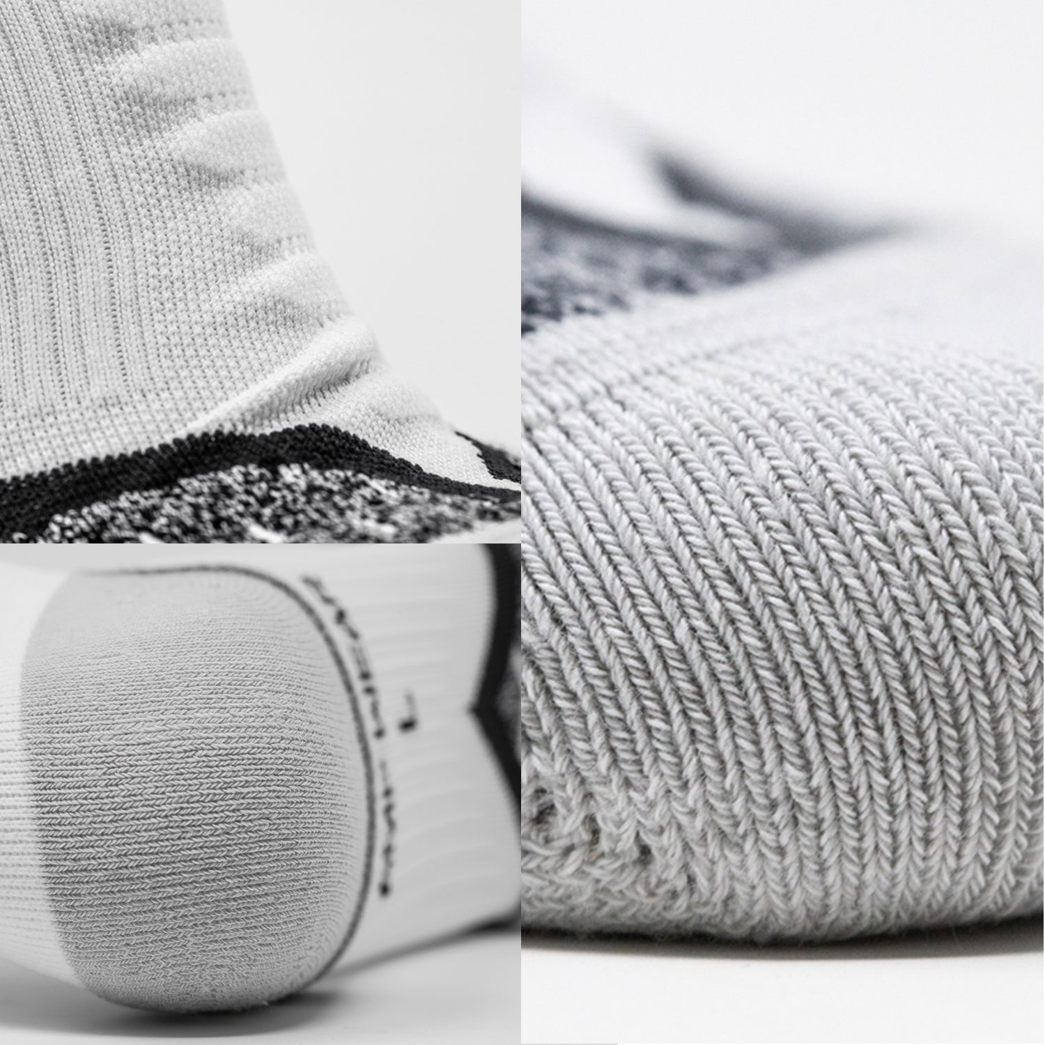 Ankle compression socks, white knit with black heel panel and ribbed texture (close-up)