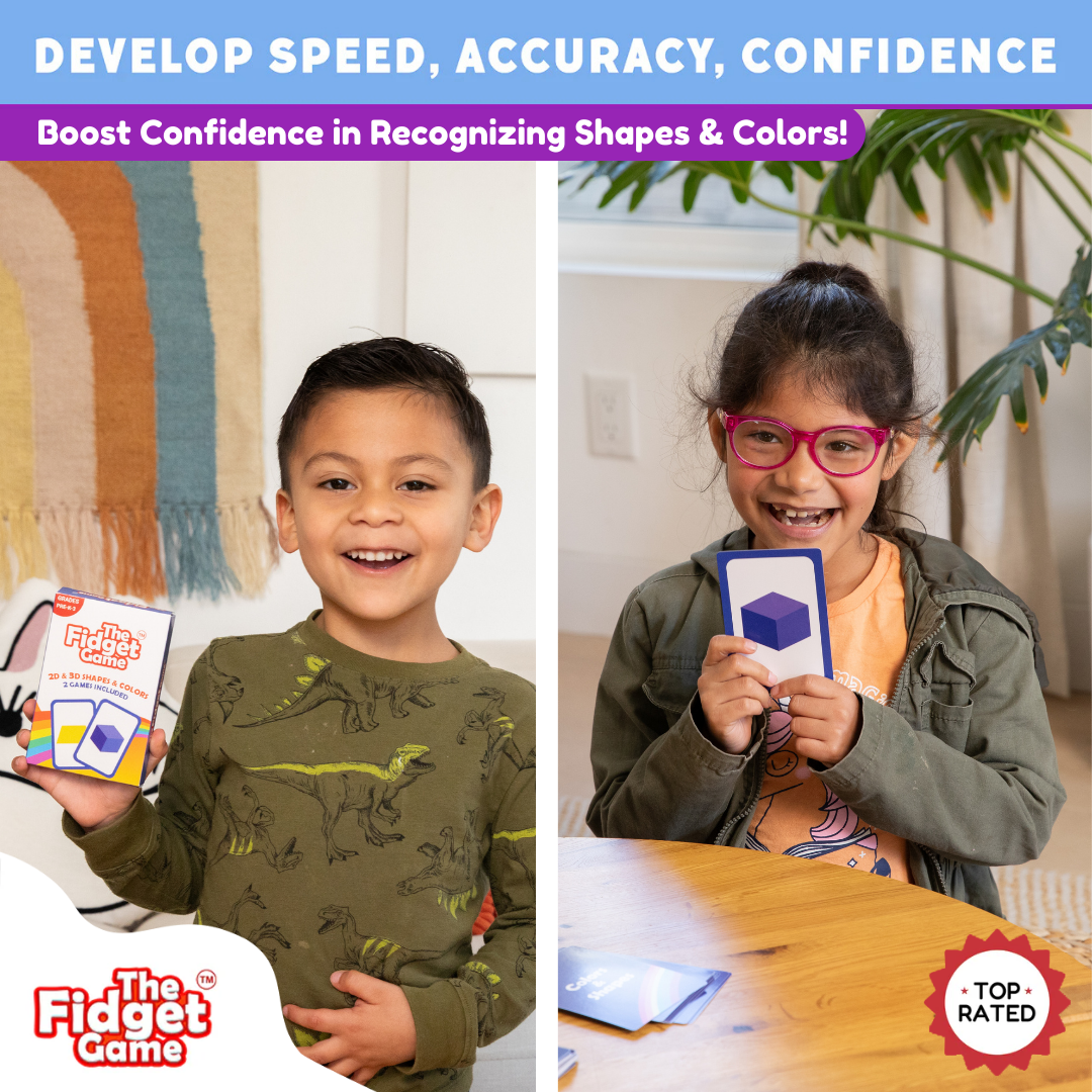 Children holding shape cards from the 2D and 3D shapes and colors card pack