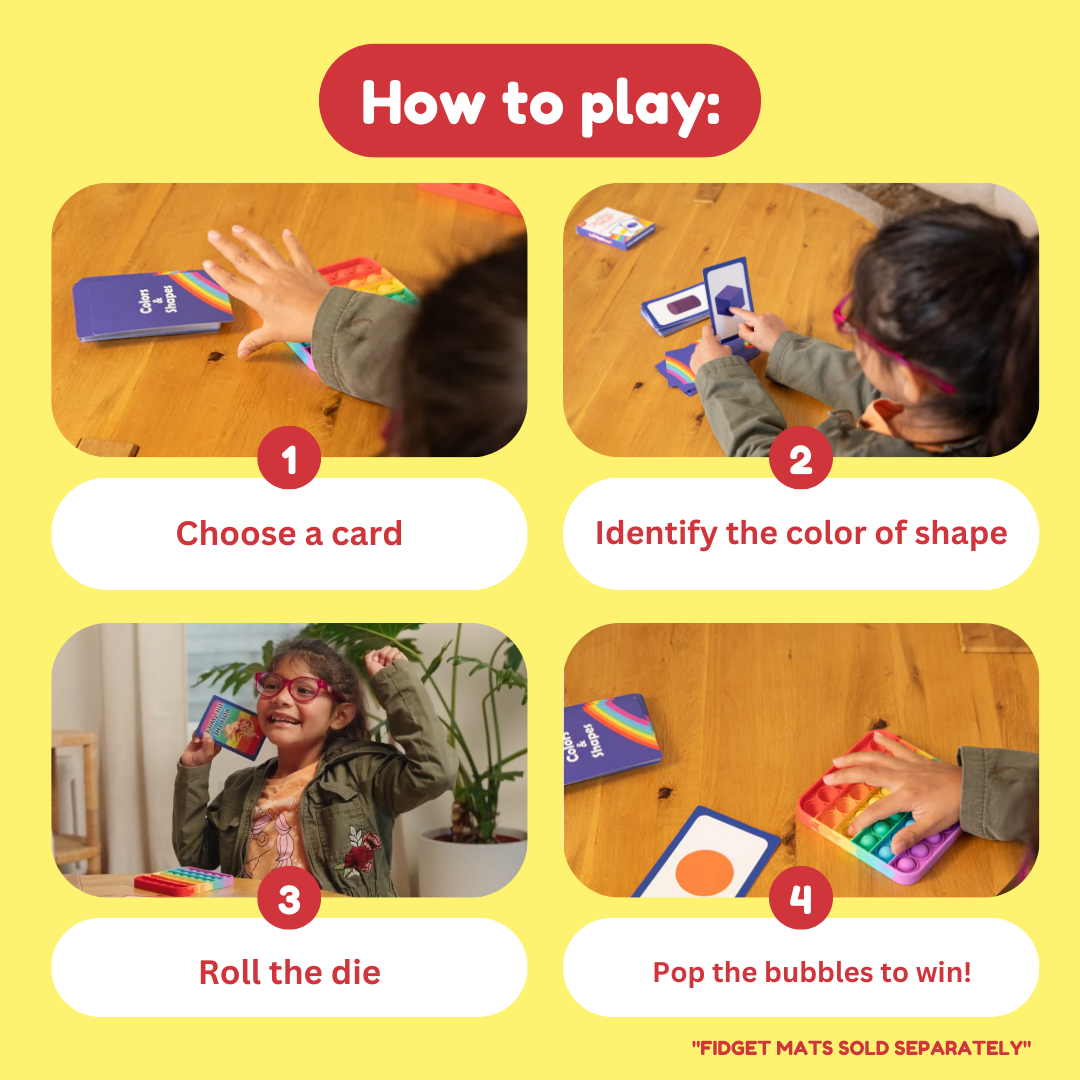 How-to-play steps showing kids choosing cards and identifying colors of shapes