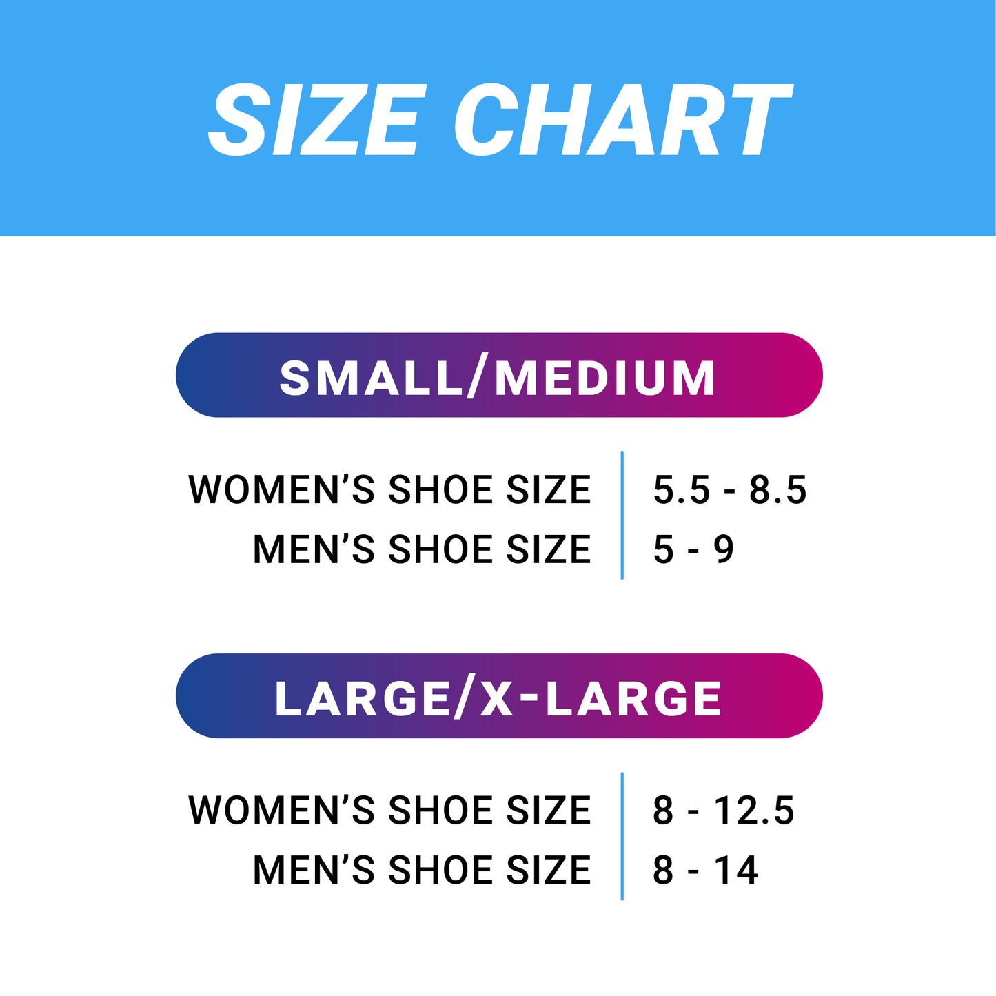 Compression socks size chart: small/medium and large/x-large shoe sizes