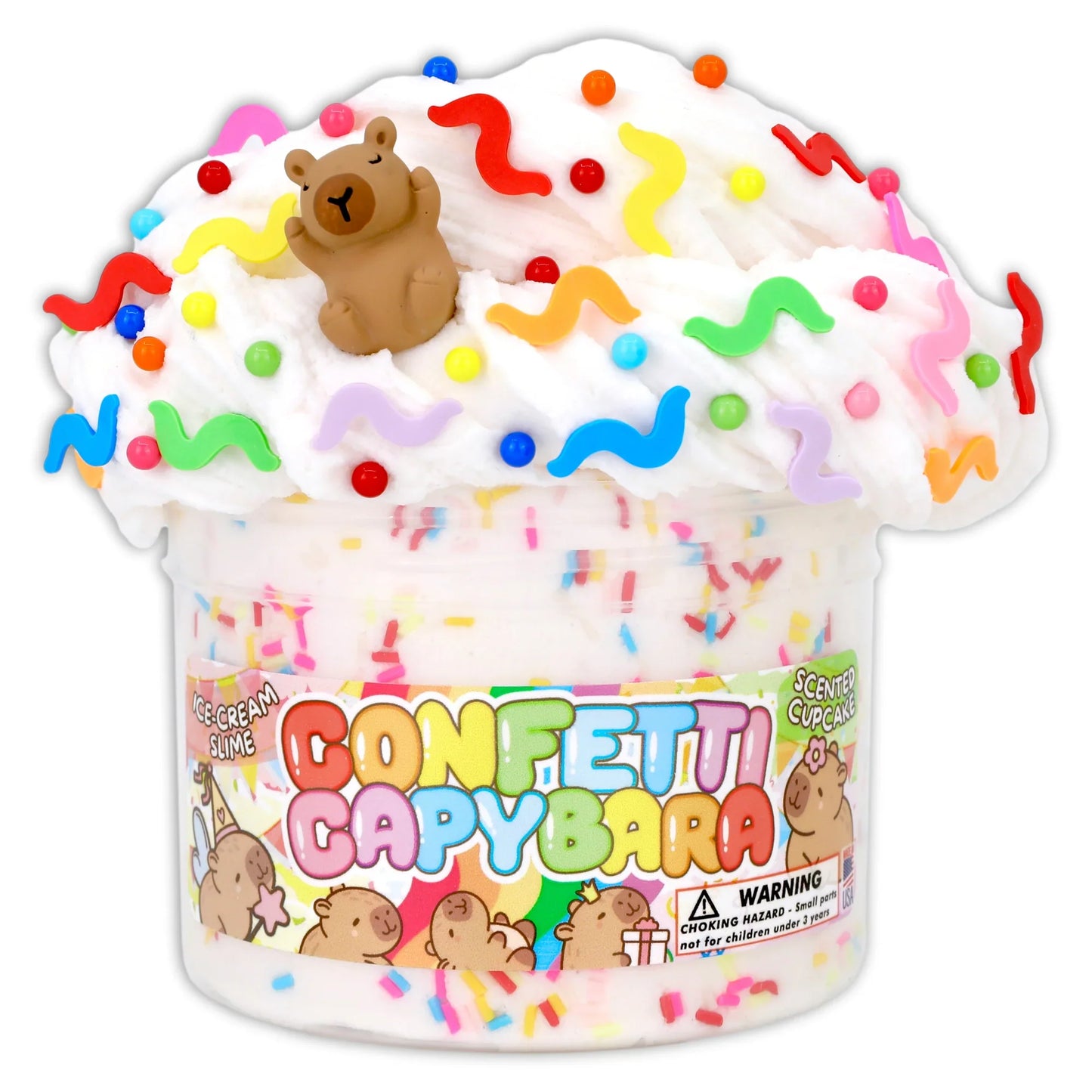 Cloudy white slime with a brown capybara figure and colorful confetti swirls