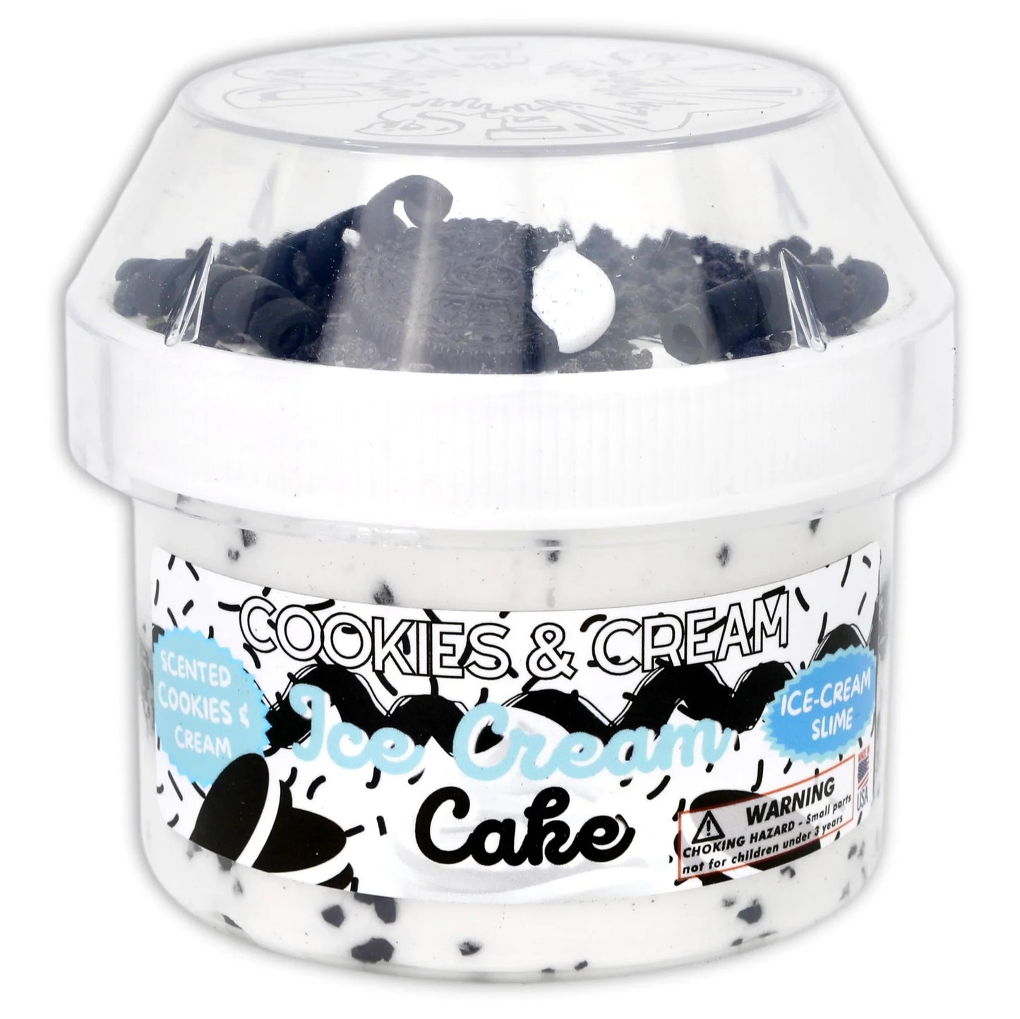 Ice cream cake slime tub with clear lid and white base, cookie pieces visible