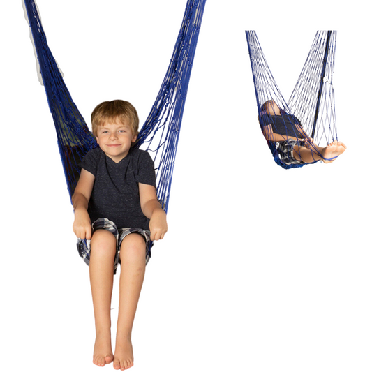 Blue kids hammock chair swing with woven rope, child seated and holding the sides.