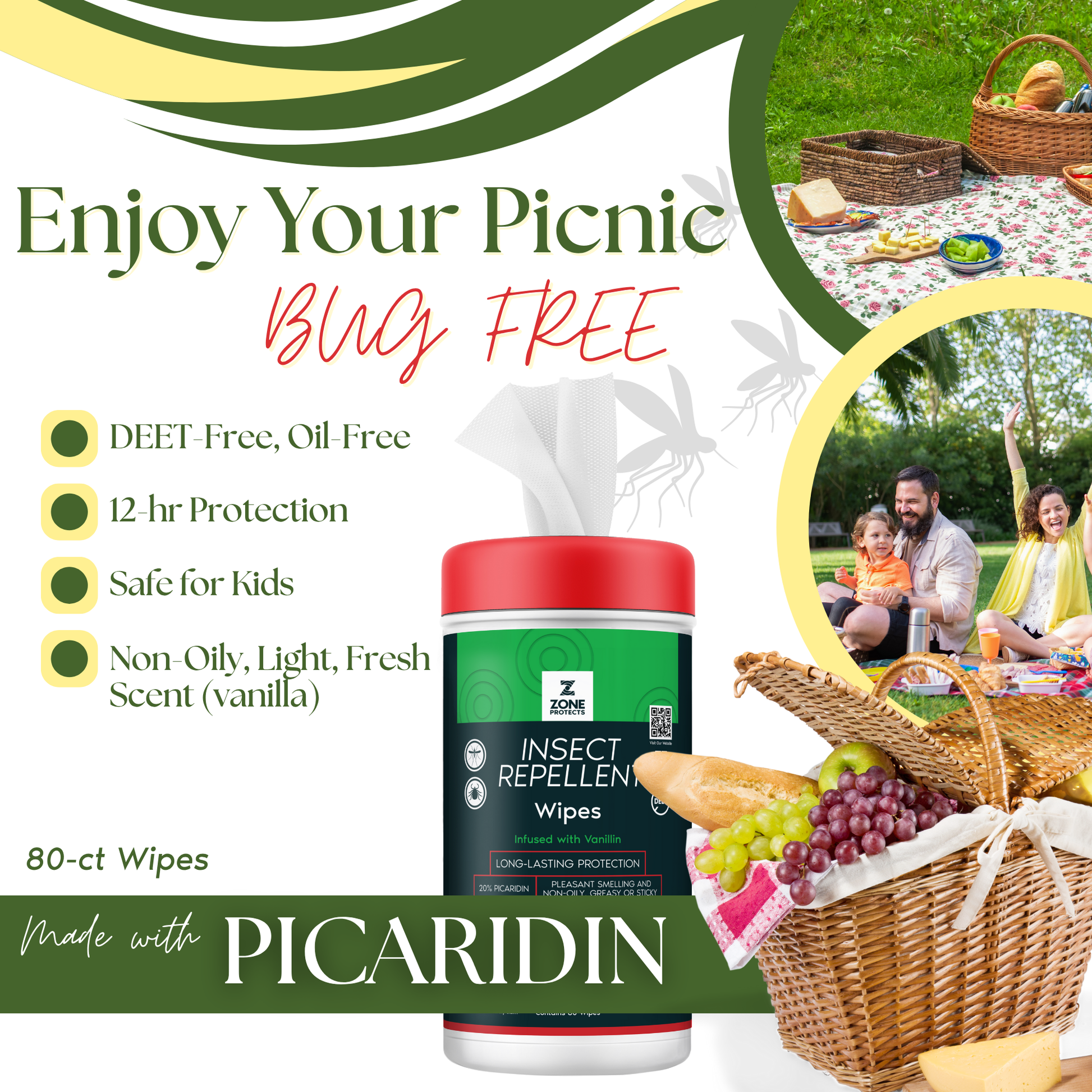 Insect repellent wipes container with red cap and green label