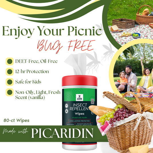 Insect repellent wipes container with red cap and green label