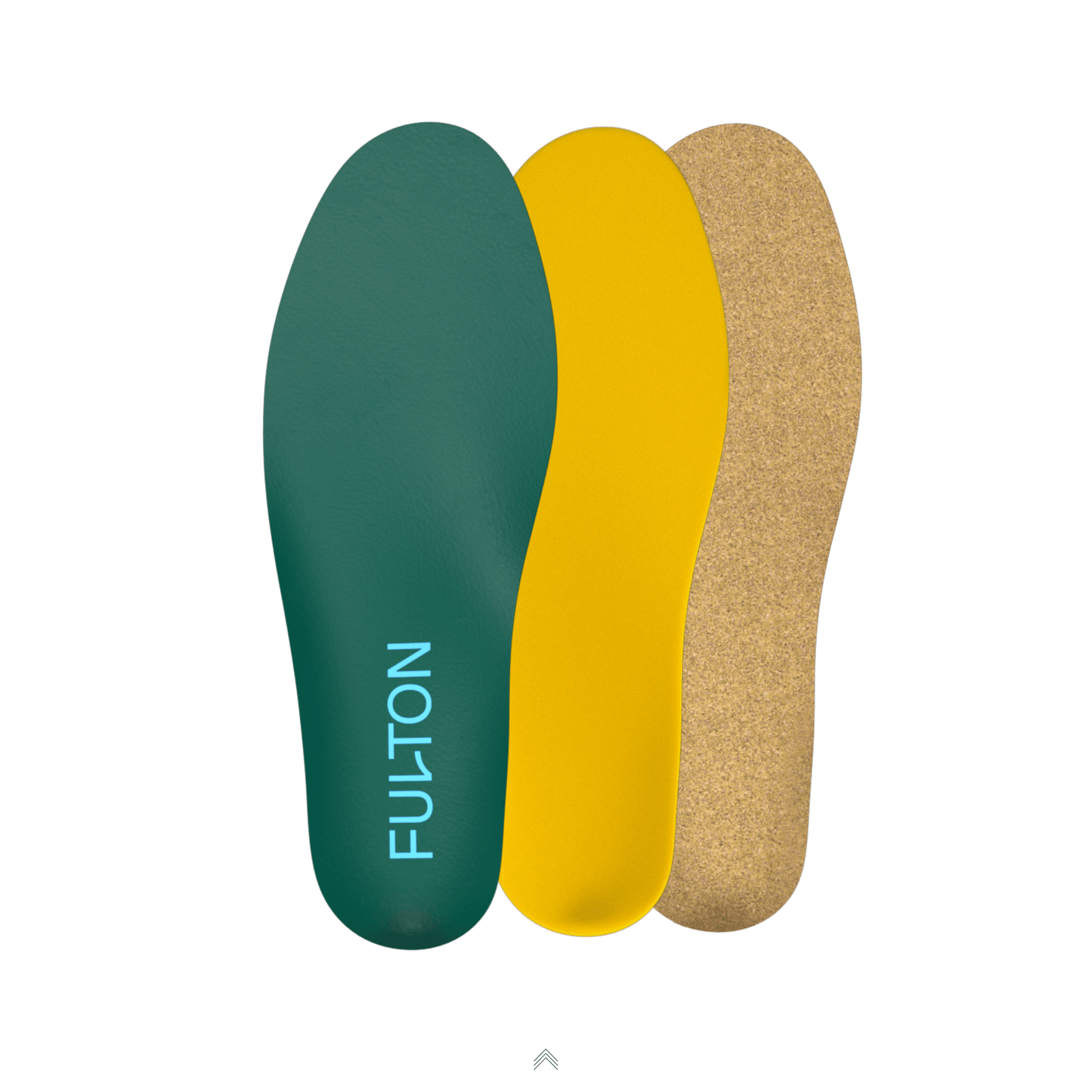 Three-layer insole: green top, yellow middle, cork-textured base.
