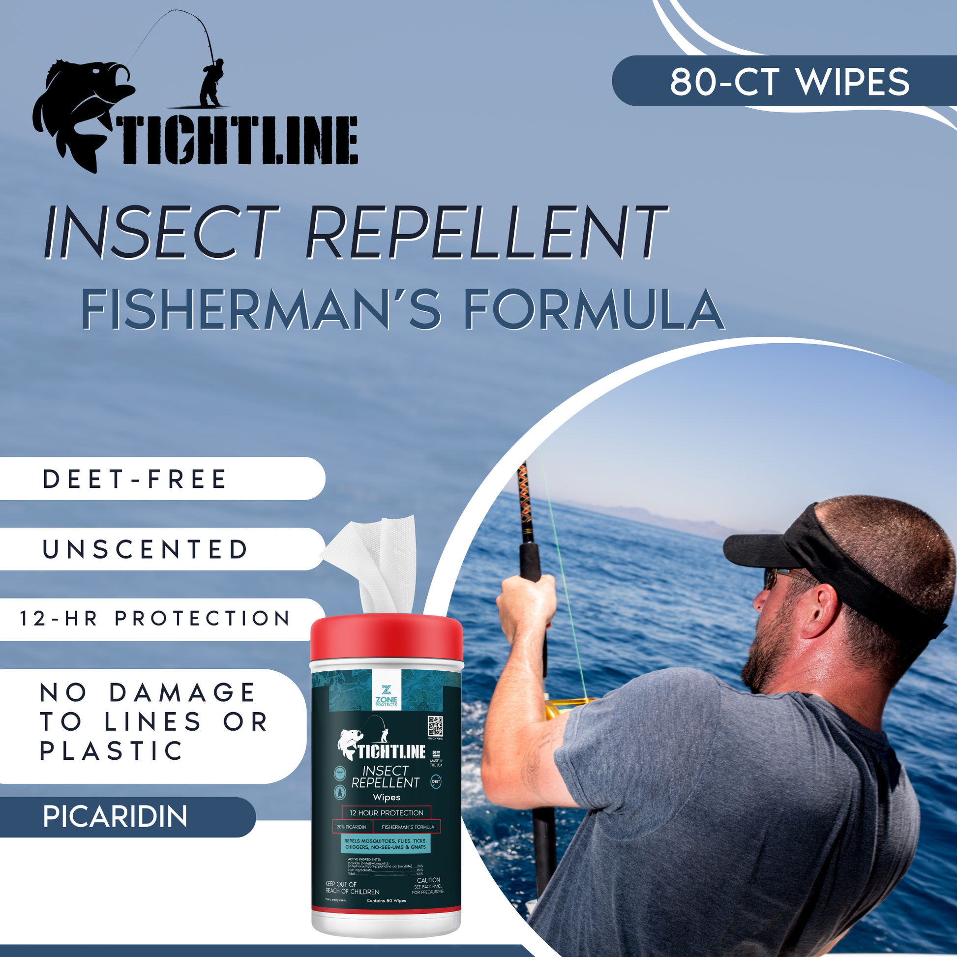 Insect repellent wipes container with red cap, teal label, and white wipe sticking up