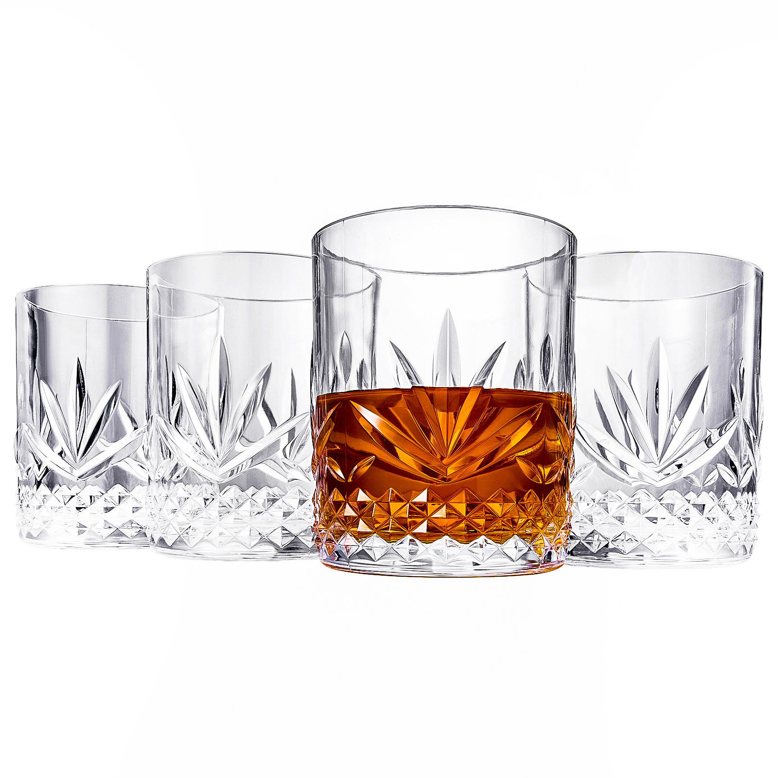 Set of 4 amber acrylic crystal lowball glasses with faceted diamond base