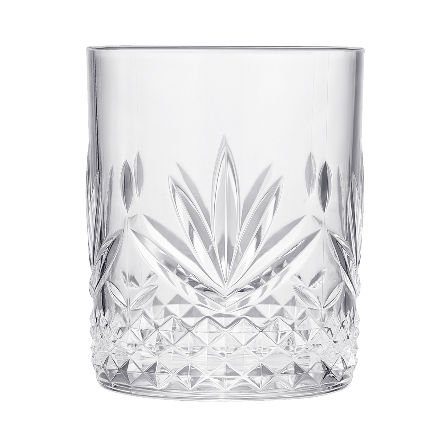 Clear acrylic crystal lowball glass with starburst facets and diamond base
