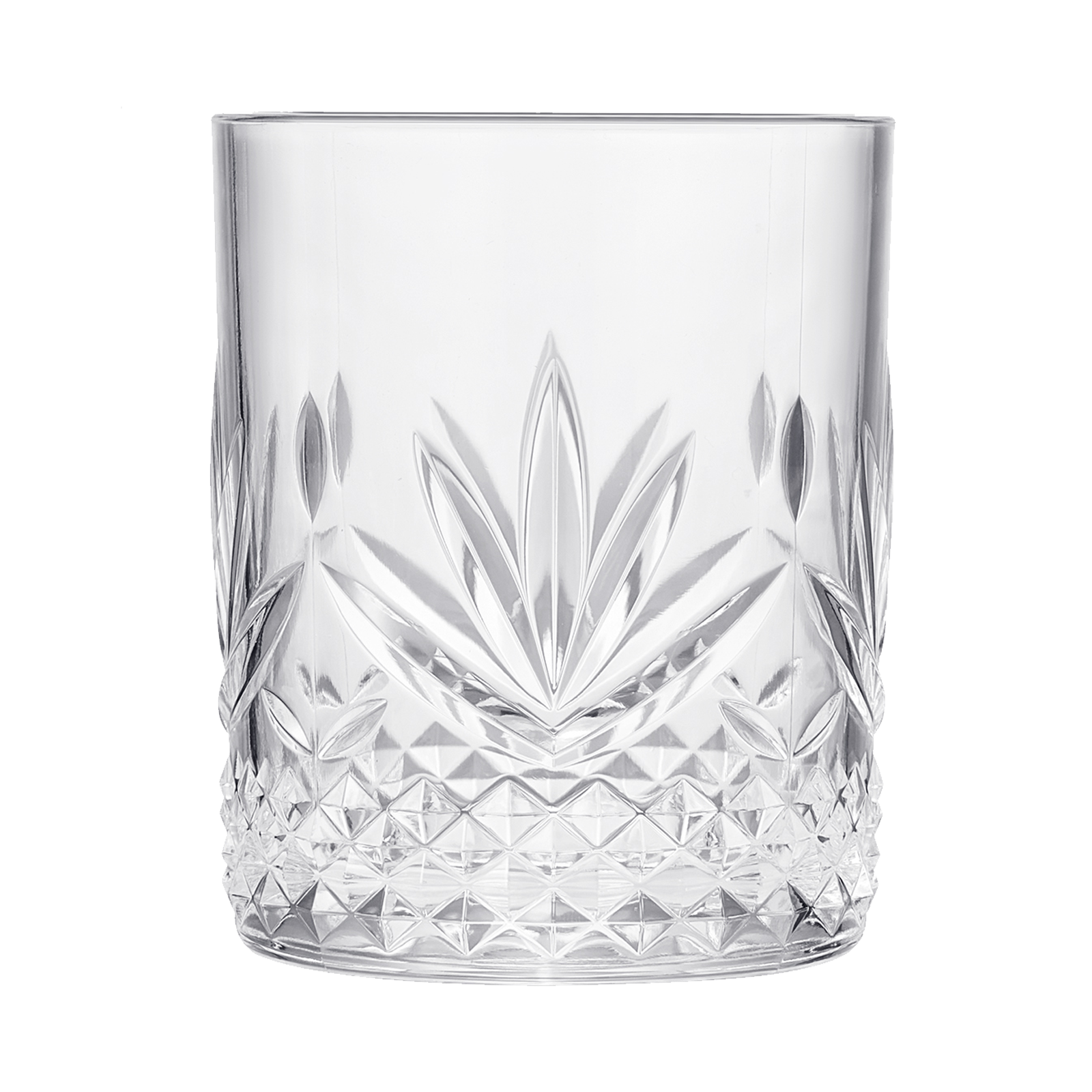 Clear acrylic crystal lowball glass with starburst facets and diamond base