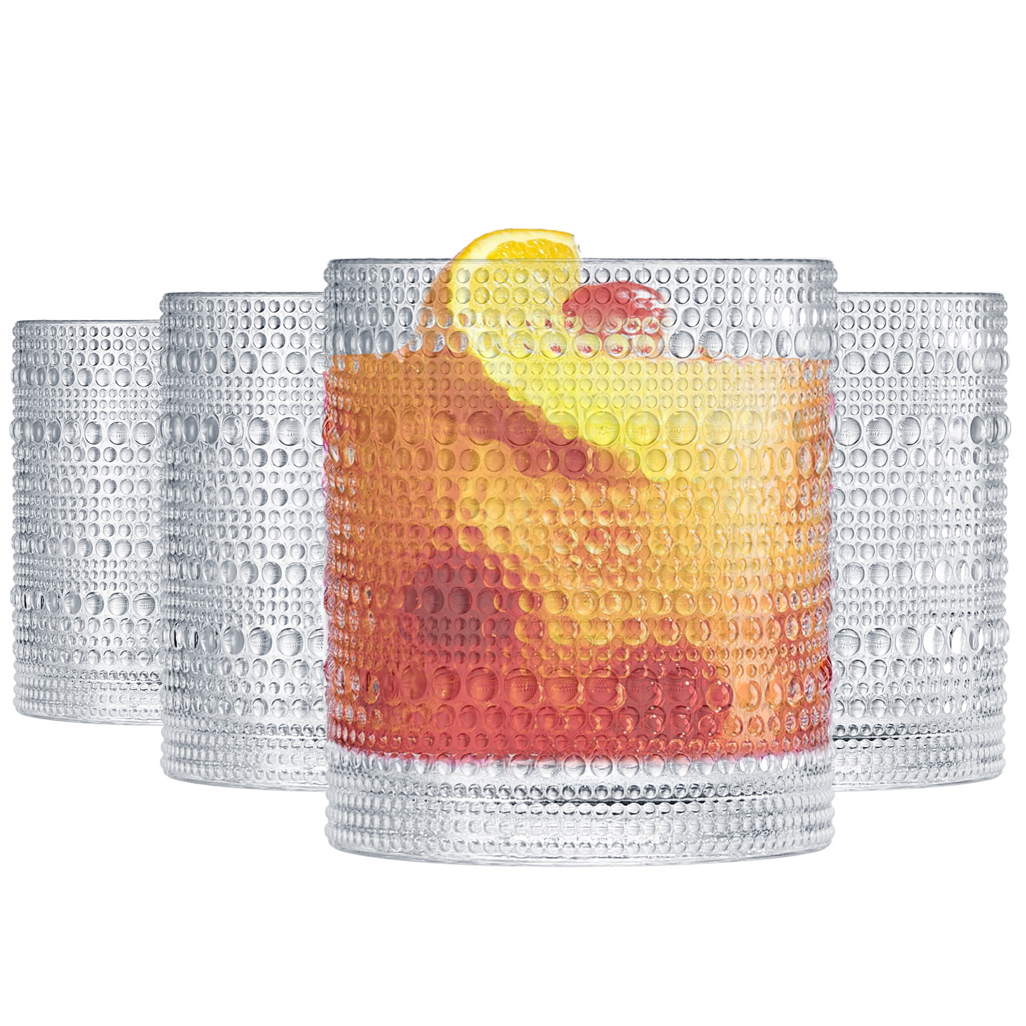 Set of 4 acrylic hobnail lowball whiskey glasses, clear tumbler with raised dotted texture