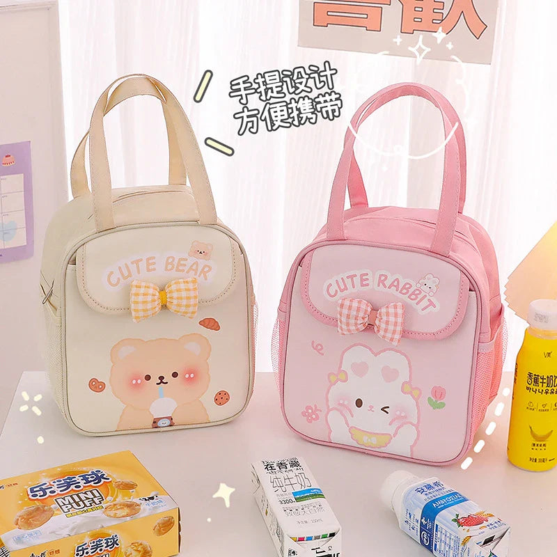 Beige and pink insulated lunch bags with cute animal prints and bow front pouches