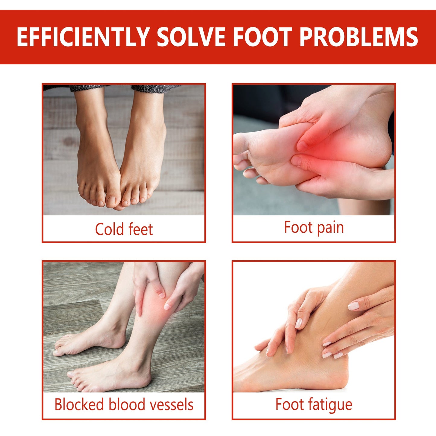 Toe warmer benefits infographic showing labels for cold feet and foot pain