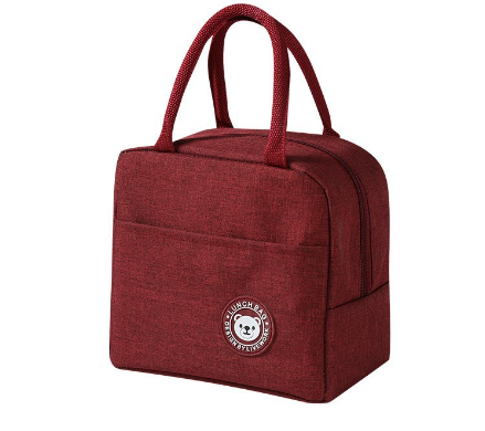 Burgundy insulated lunch bag with top handles and round bear logo patch on the front.
