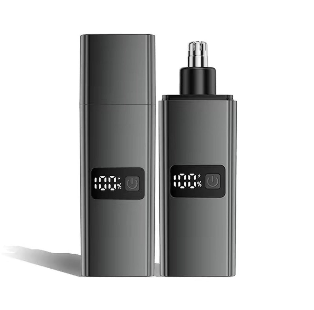 Nose trimmer in dark gray/black body with metal trimmer head and battery indicator