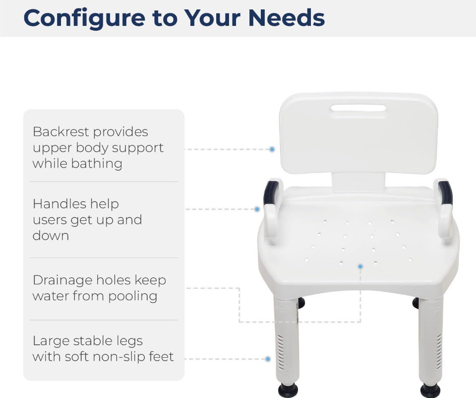 White shower chair with drainage seat, backrest and armrests