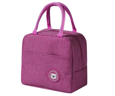 Wine red lunch cooler bag with two top handles and round bear logo patch