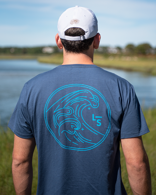 Unisex faded navy wave T-shirt with large back wave circle graphic in teal