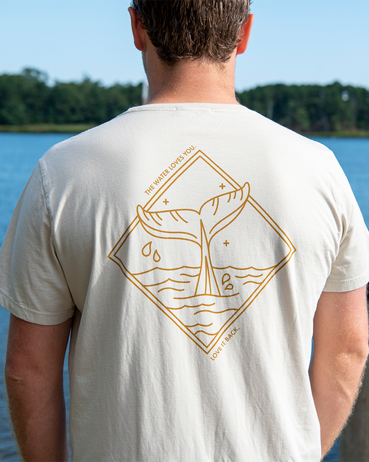 Sand unisex T-shirt with gold whale “love back” diamond graphic on the back