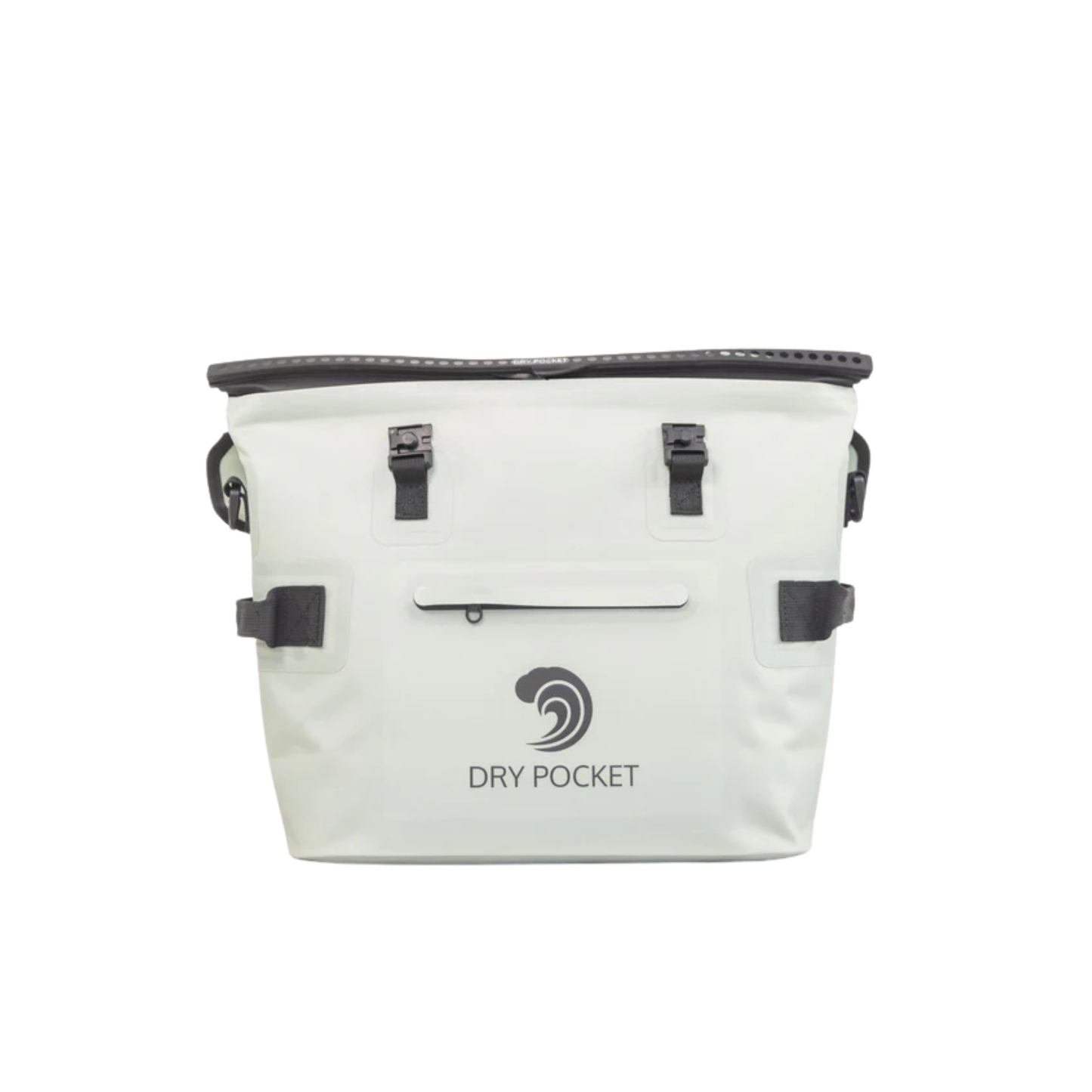 Waterproof floating cooler bag, off-white front panel with DRY POCKET logo and buckles