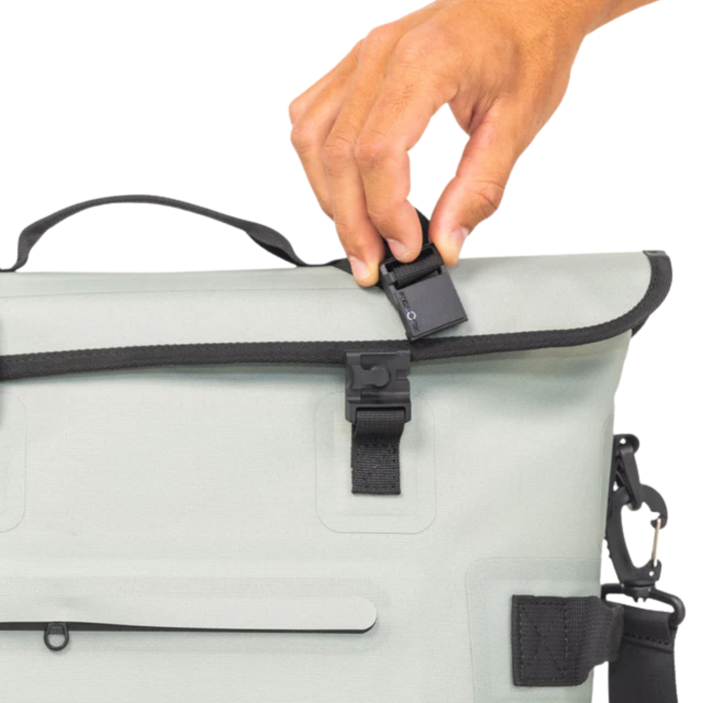 Waterproof floating cooler bag lid with black latch and strap, off-white body