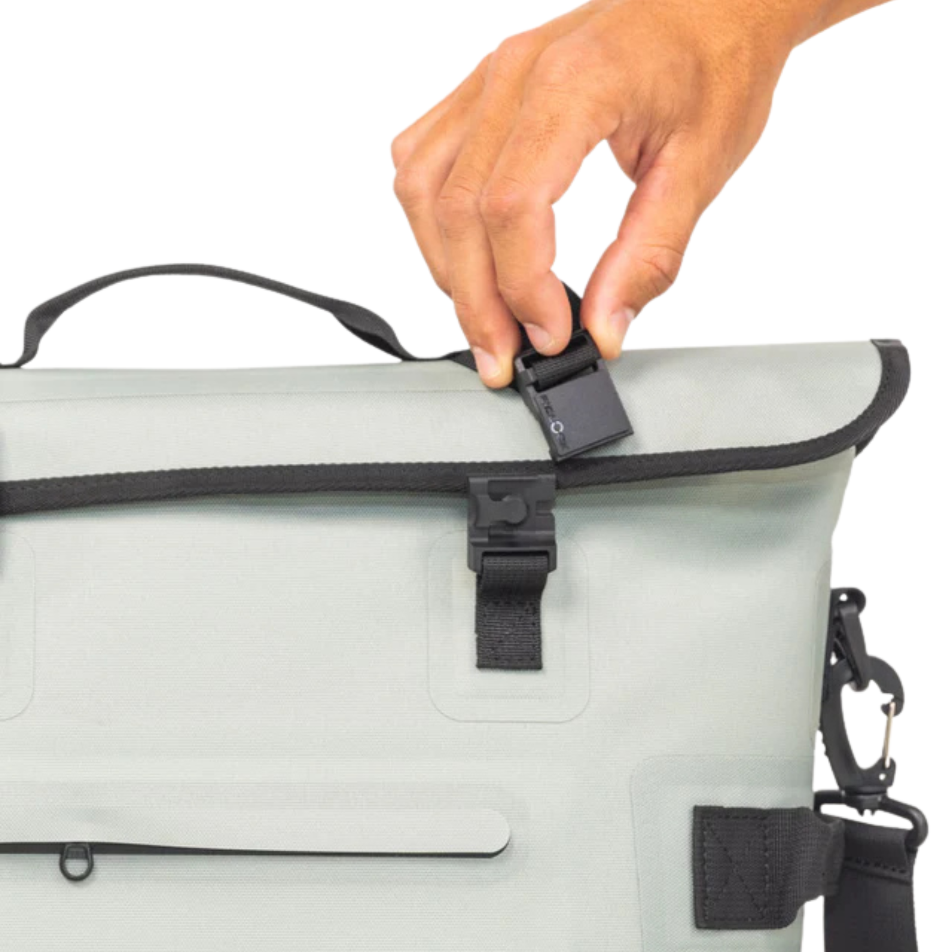 Waterproof floating cooler bag lid with black latch and strap, off-white body