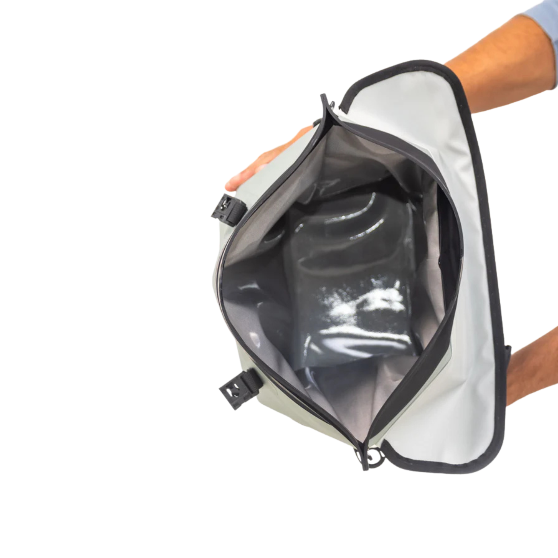 Waterproof floating cooler bag, off-white exterior with open top and black interior liner