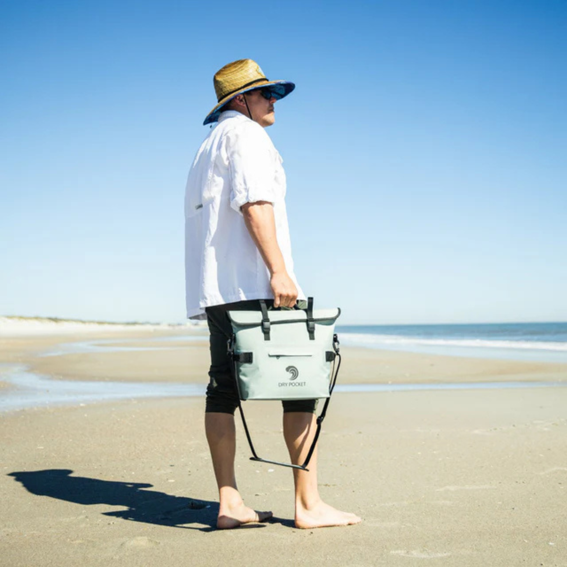 Waterproof floating cooler bag with top handle and front pocket, light gray