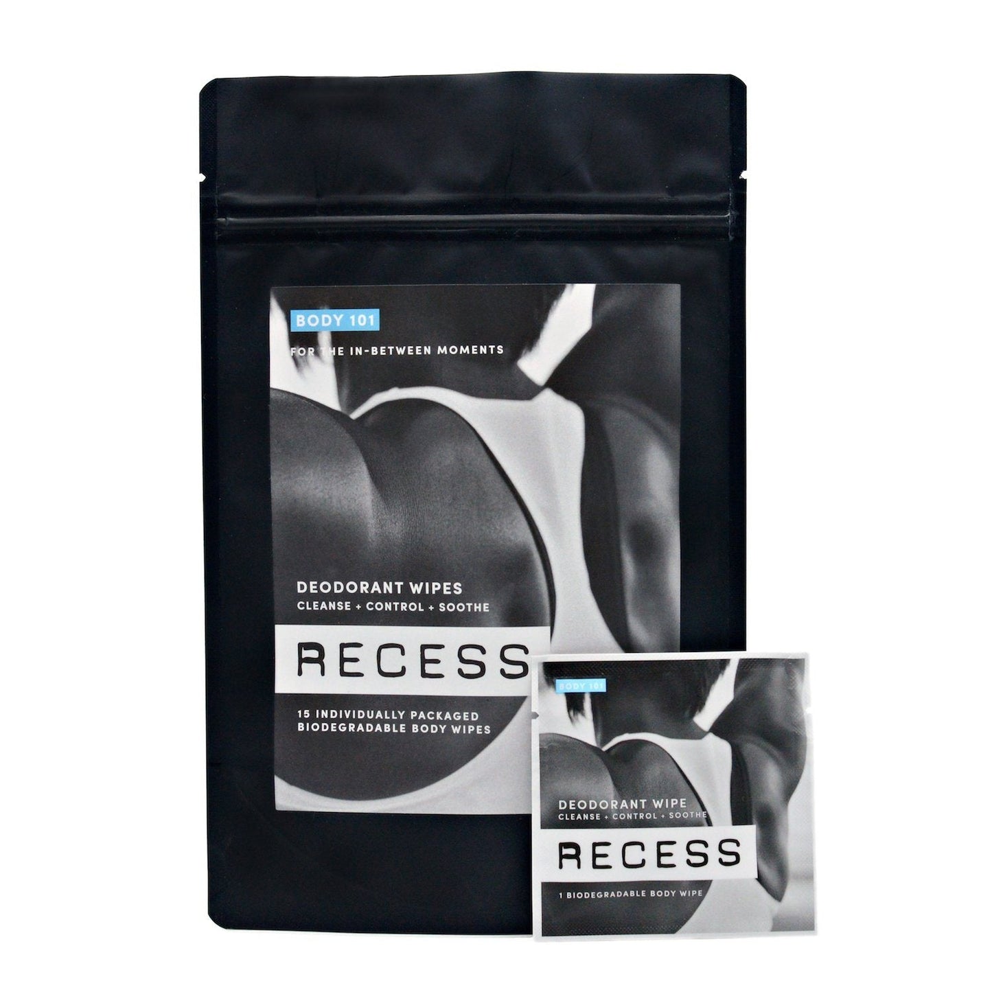 Black packaging of Recess deodorant wipes with a smaller inset showing a single wipe.