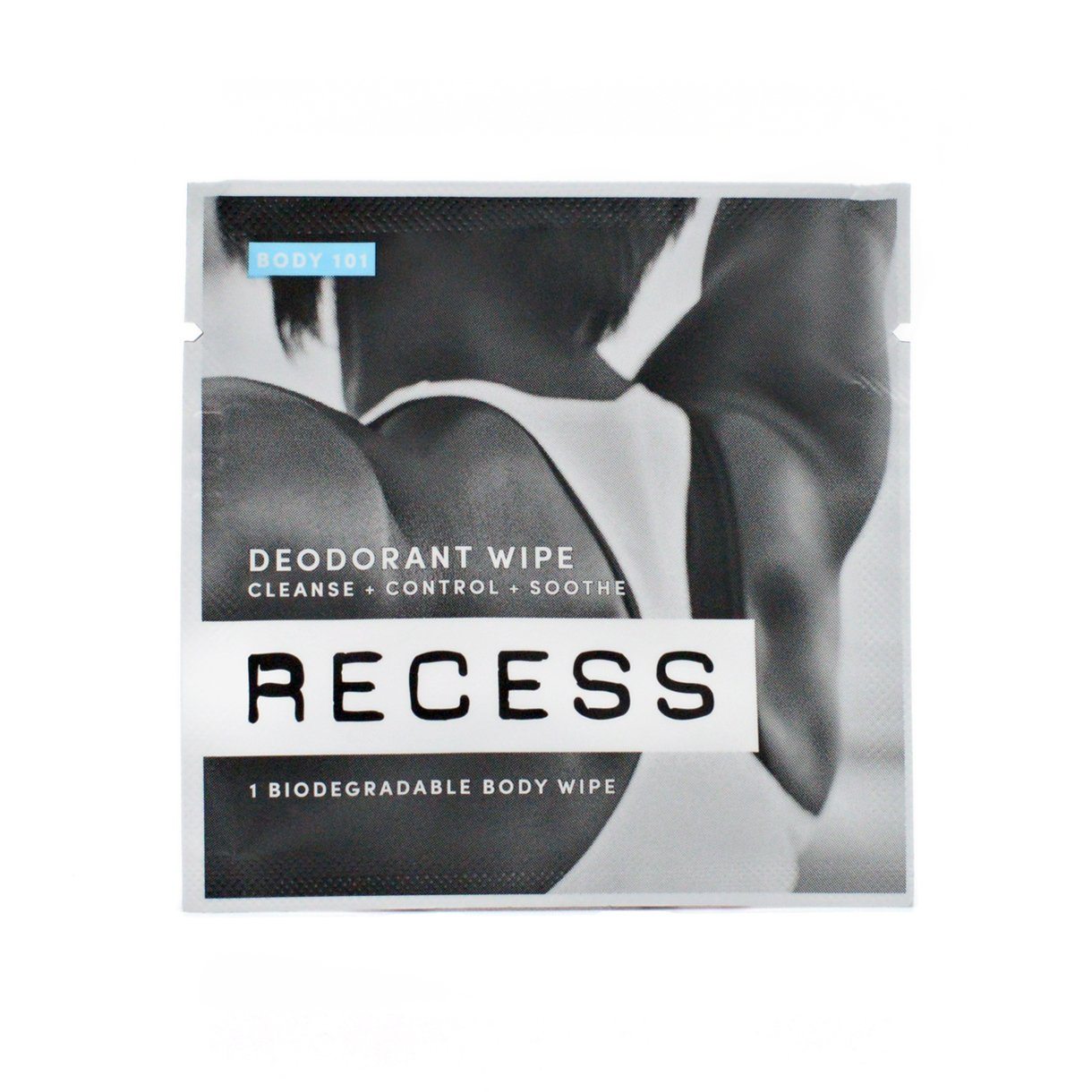 Biodegradable deodorant wipe packet, black-and-white with body 101 label.