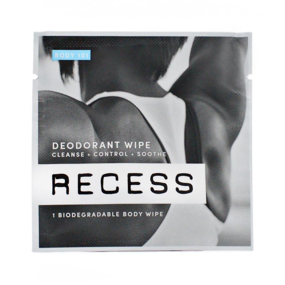 Recess deodorant wipe packaging with a black and white image of a person's back.