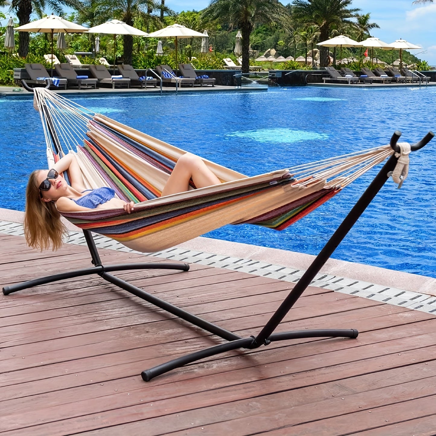 Heavy Duty Double Hammock with Steel Stand 450lbs Portable Outdoor Indoor Blue 2Dropme