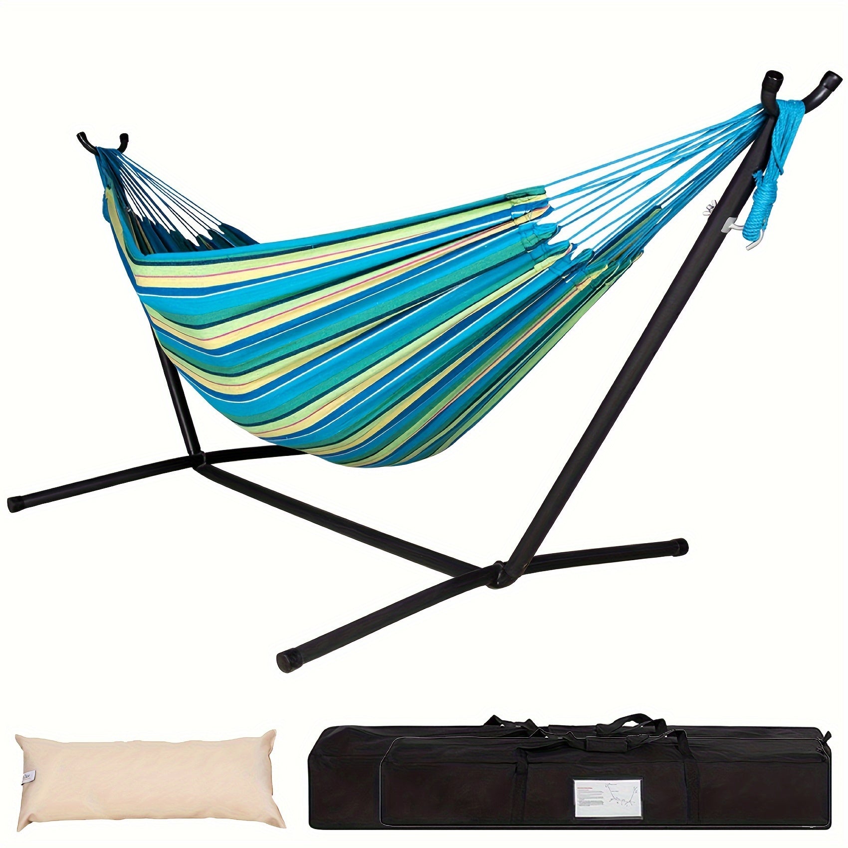 Heavy Duty Double Hammock with Steel Stand 450lbs Portable Outdoor Indoor Blue 2Dropme