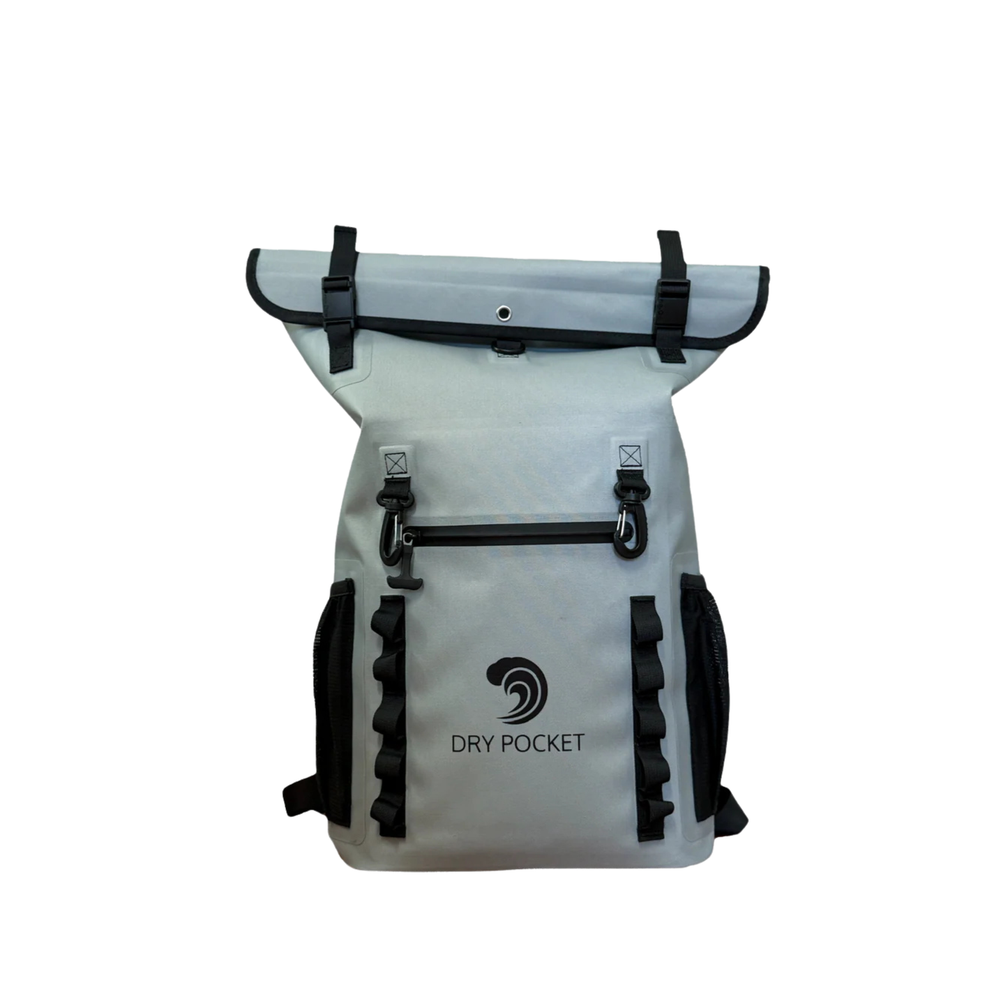 Sage green waterproof floating dry bag with front dry pocket and black roll-top straps