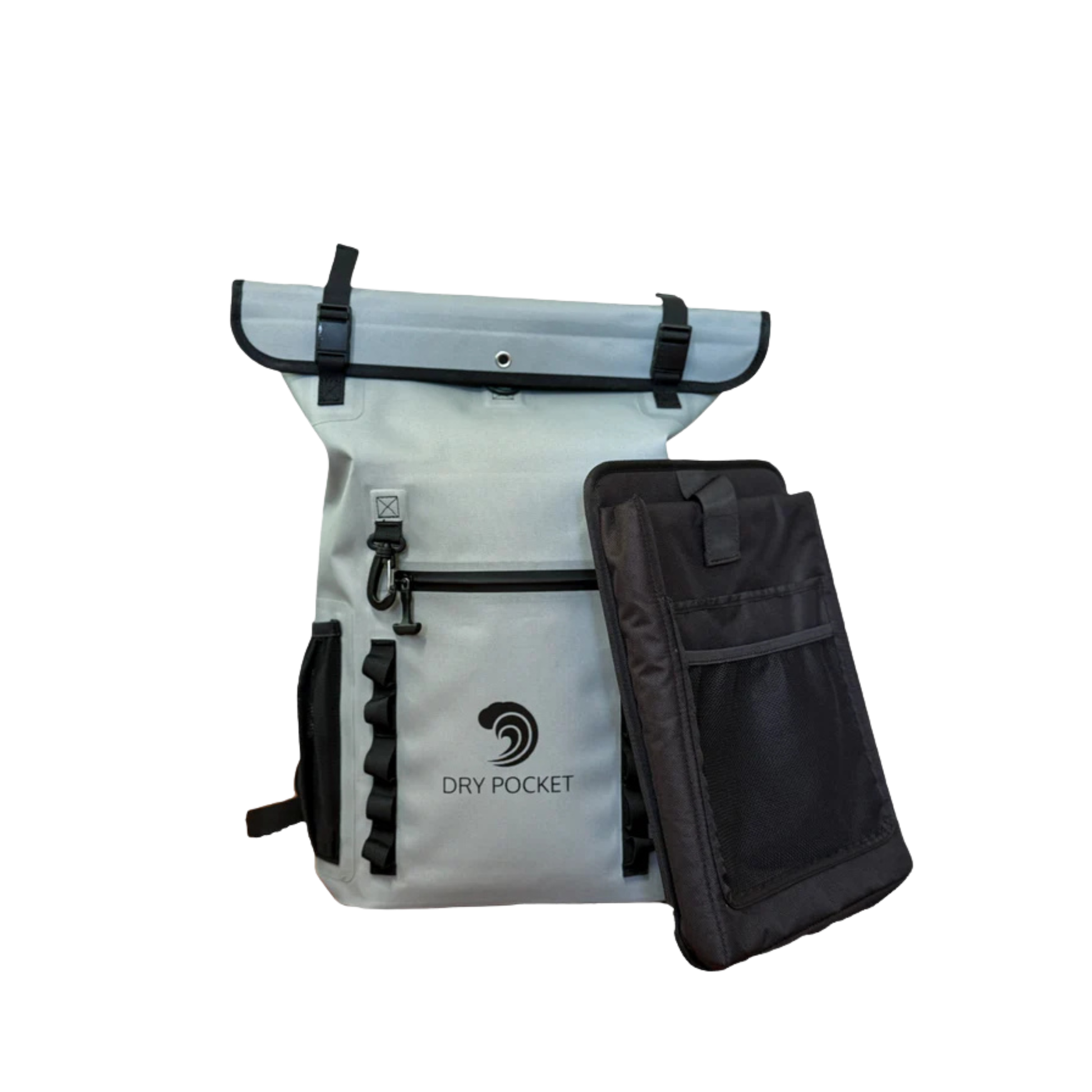 Sage green waterproof floating dry bag with front dry pocket and side accessory pouch