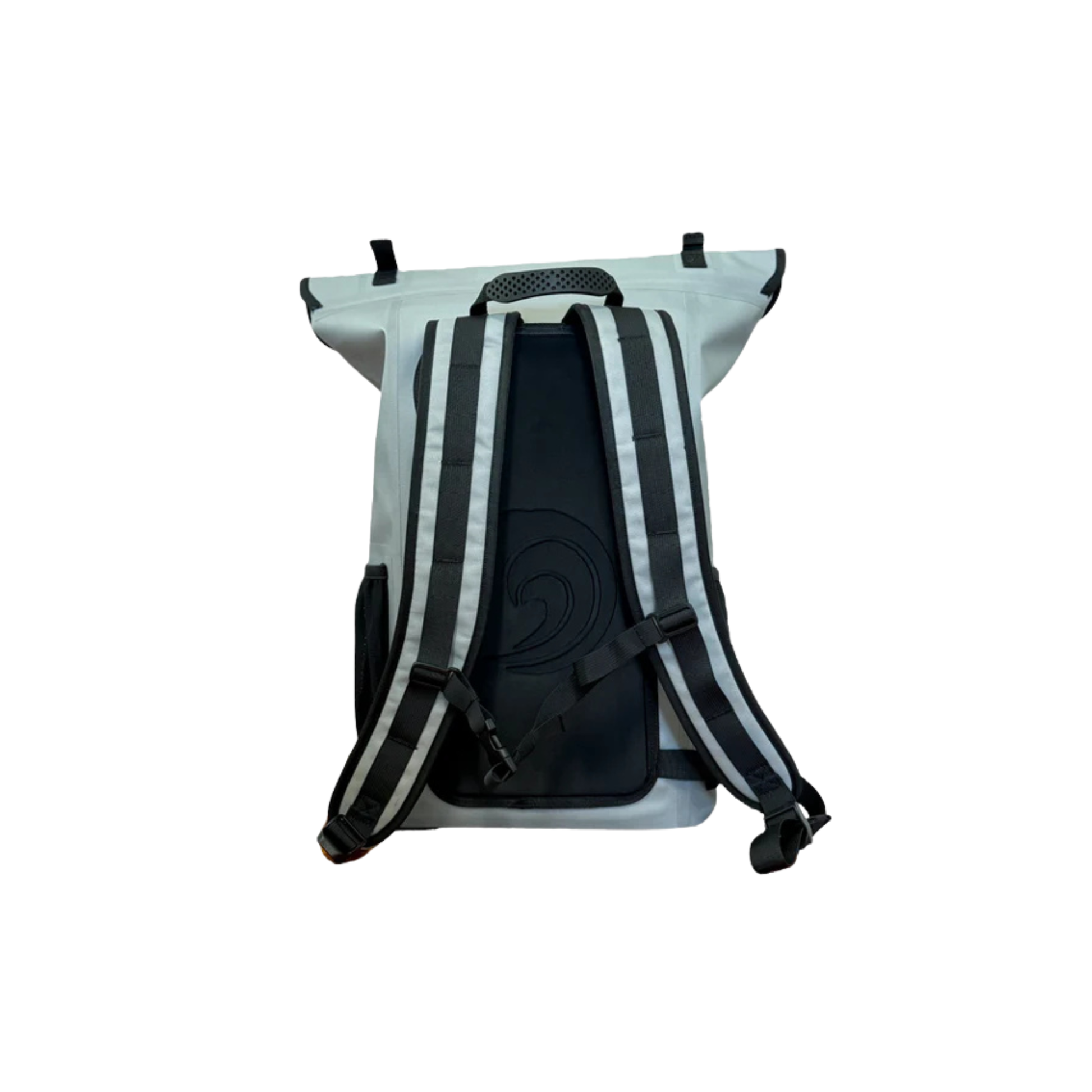 Sage green waterproof floating dry bag with padded shoulder harness and back straps