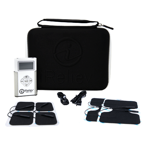 TENS + EMS pain relief kit with controller, electrode pads, leads, and hard case