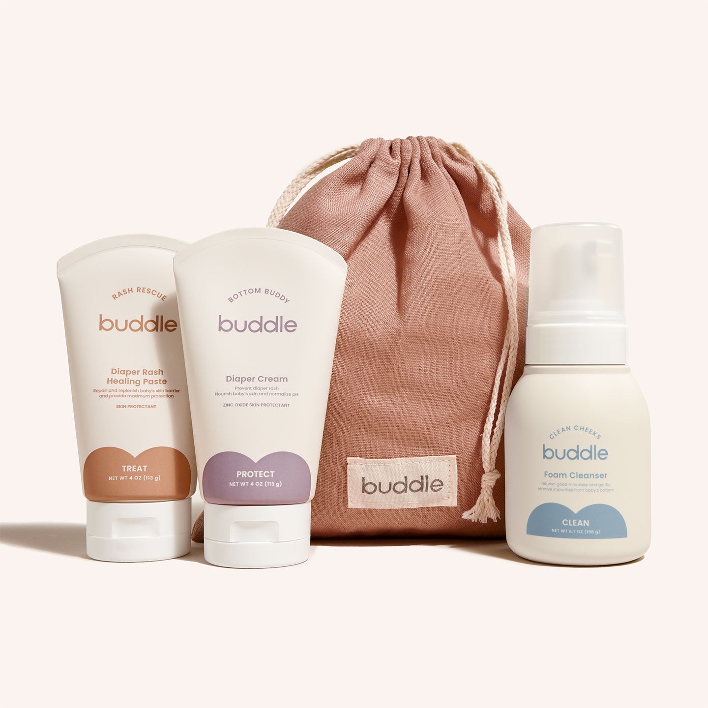 Diaper skincare system set: healing paste, diaper cream, foam cleanser, and pouch