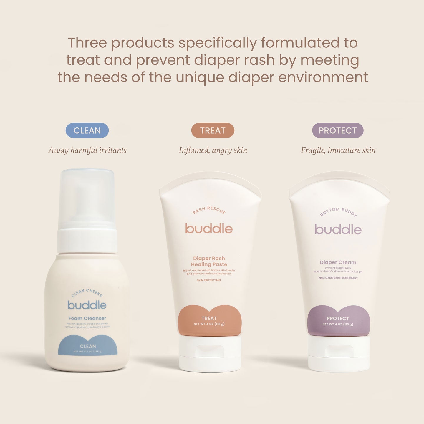Diaper skincare system three-product set: foam cleanser, healing paste, diaper cream