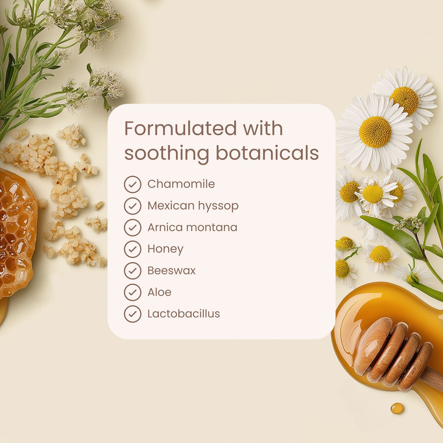 Diaper skincare system botanical ingredients graphic with honey, flowers, and herbs