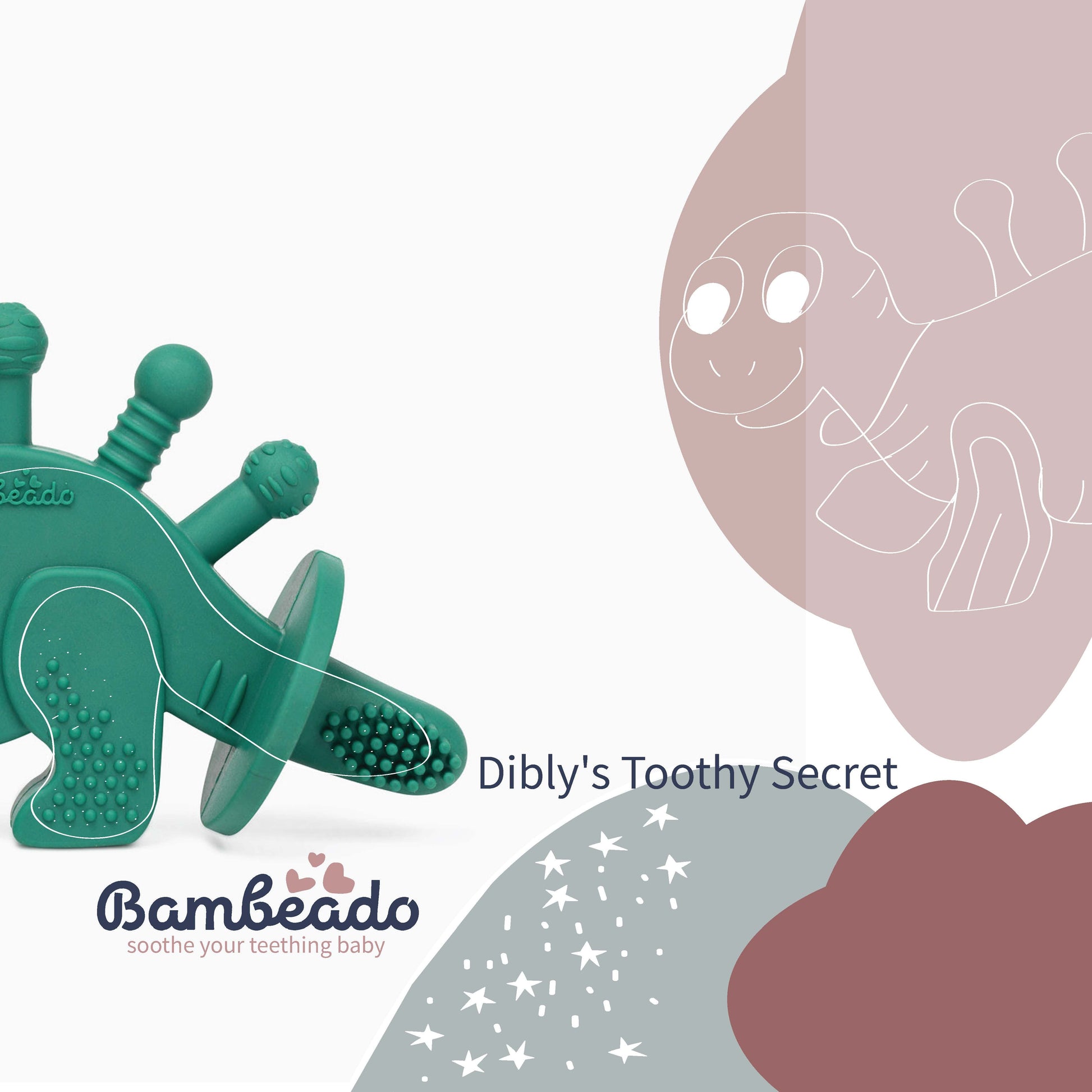 Teething toy shaped like a dinosaur with 'Bambeado' branding on a soft pastel background.