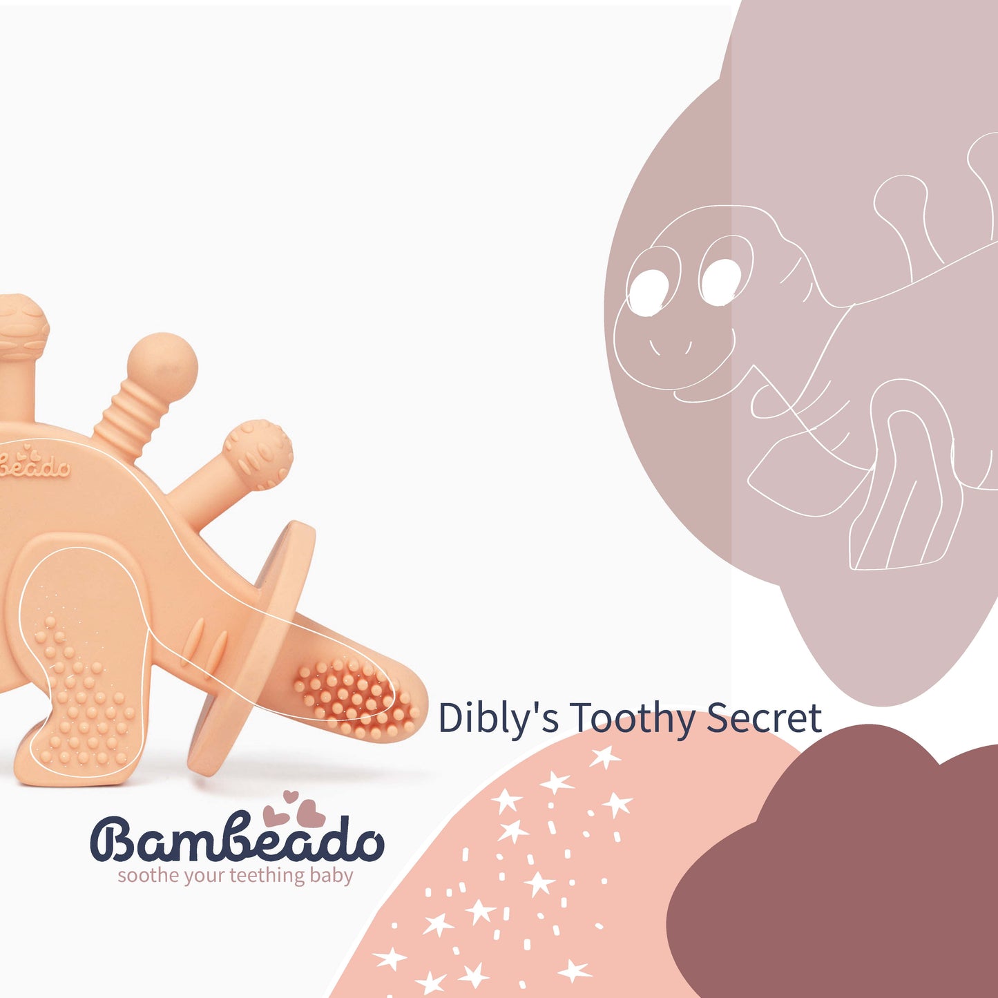Teething toy with dinosaur design and 'Bambeado' branding on a soft pink background.