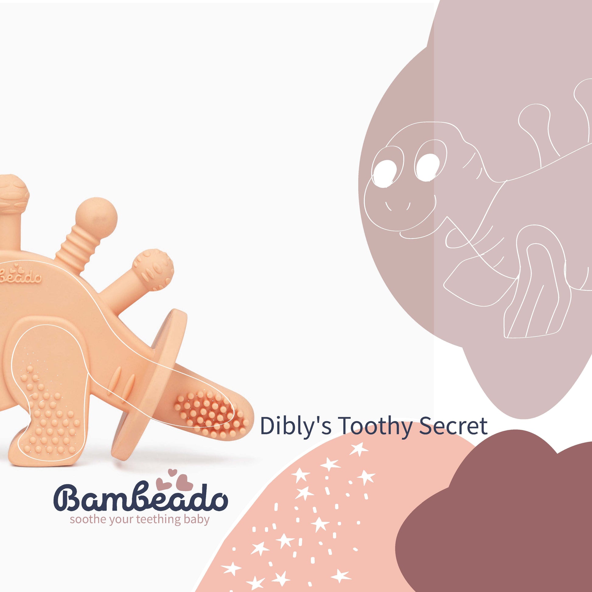 Teething toy with dinosaur design and 'Bambeado' branding on a soft pink background.