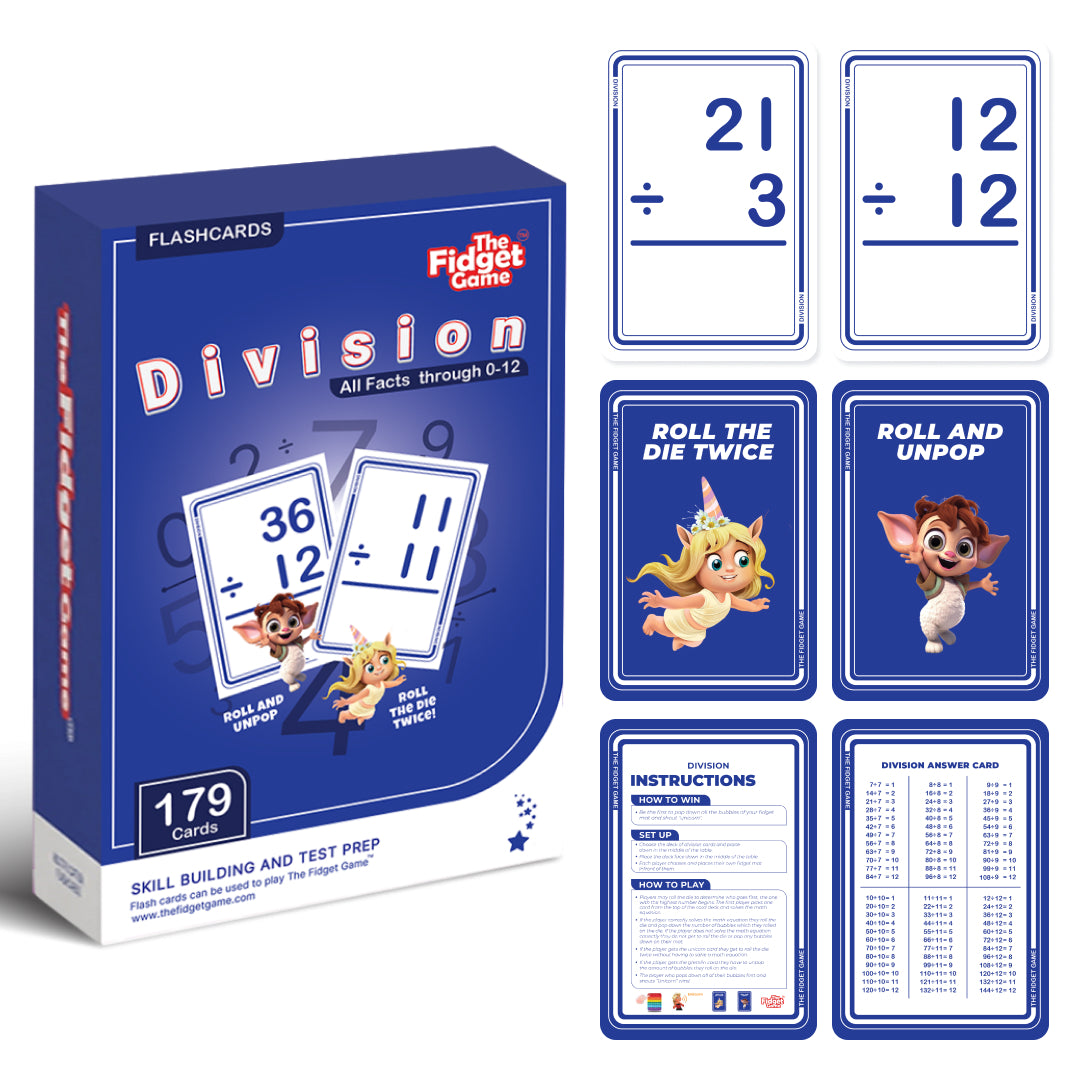 Division flashcard pack with blue box and numbered division cards and instructions
