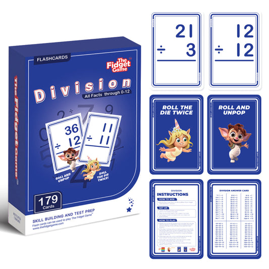 Division flashcard pack with blue box and numbered division cards and instructions
