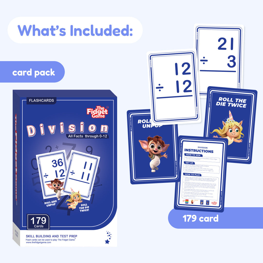 Division card pack showing included cards, instruction card, and numbered division cards