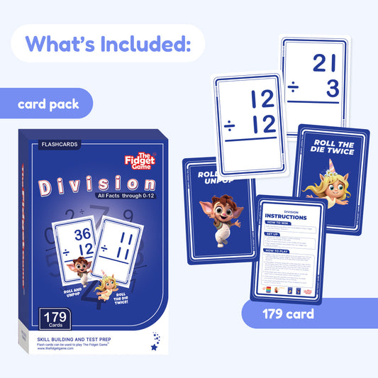Division card pack showing included cards, instruction card, and numbered division cards