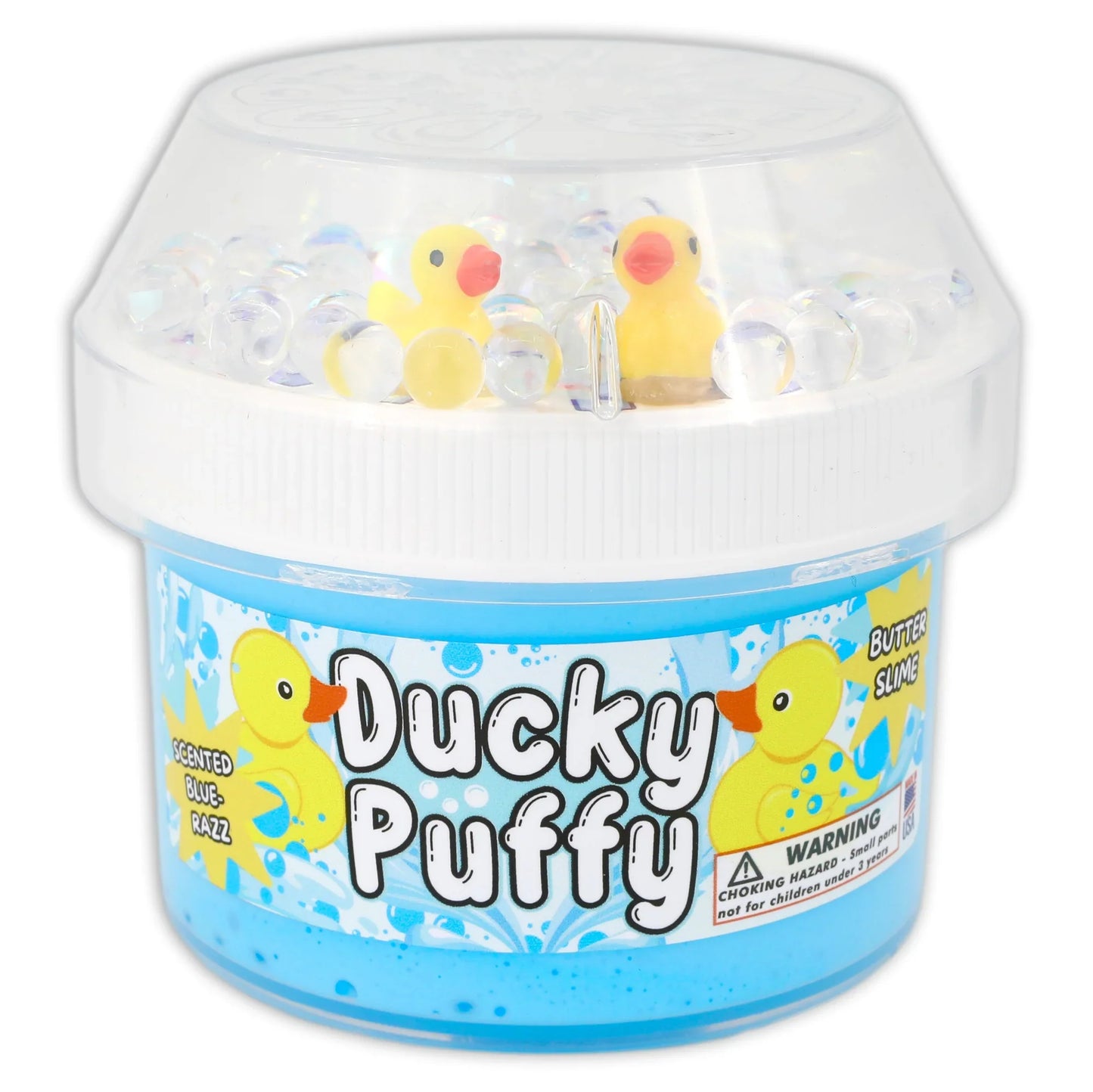 Blue puffy slime tub with clear dome lid and two yellow rubber ducks