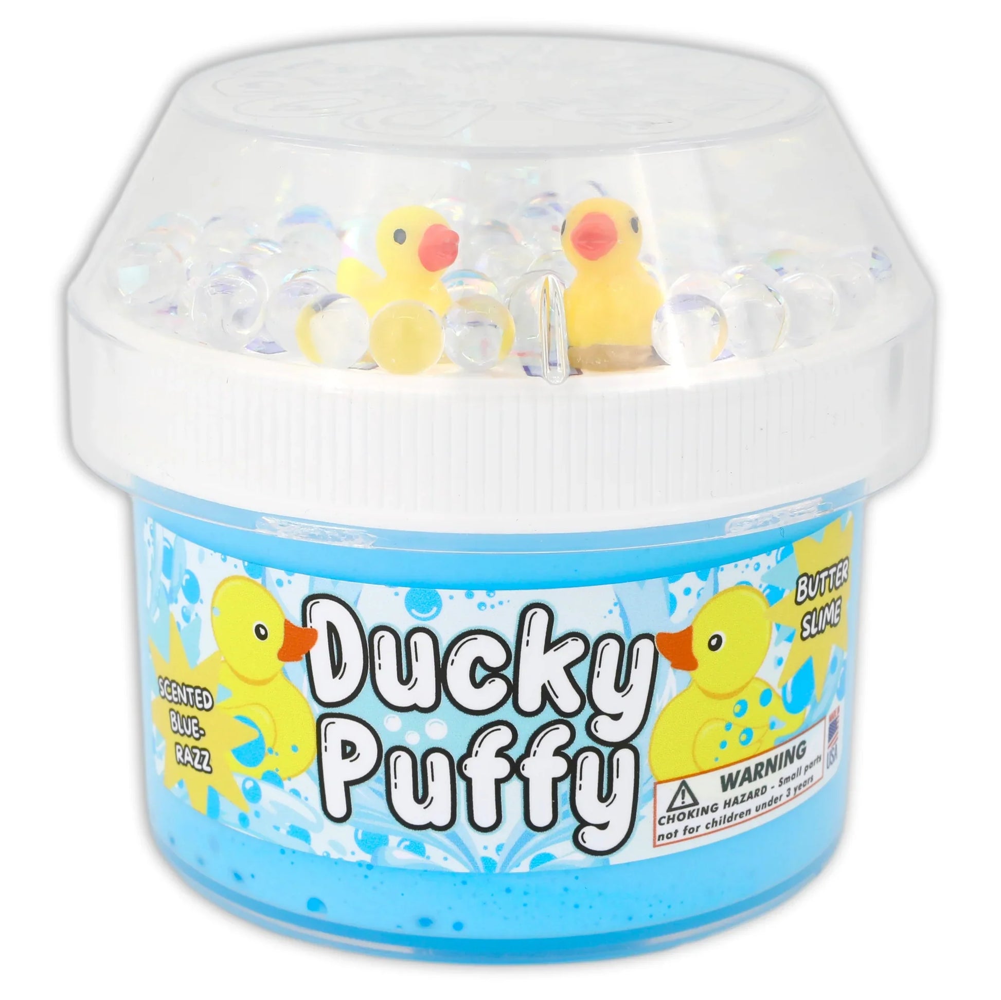 Blue puffy slime tub with clear dome lid and two yellow rubber ducks
