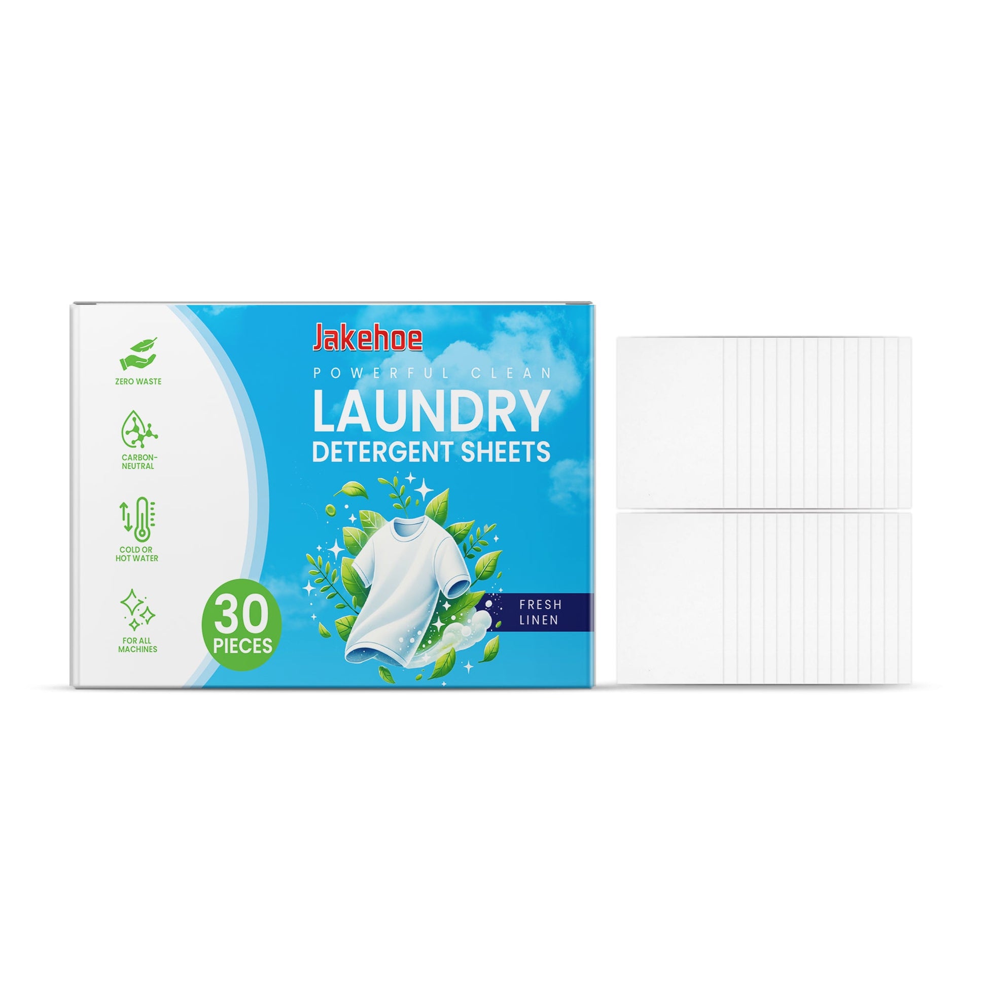 Laundry detergent sheets box with 30-count label and included white sheet container